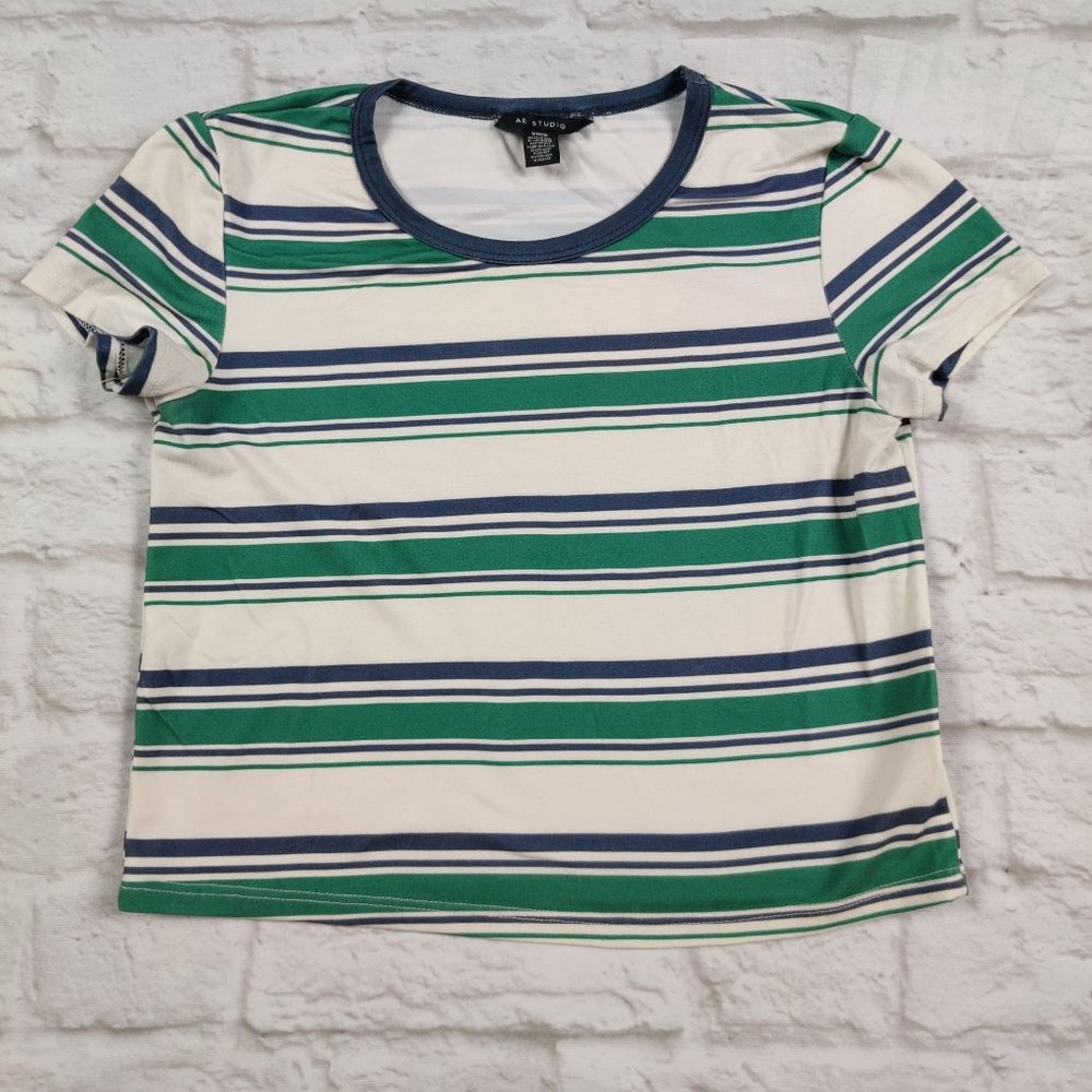AE Studio womens pullover short sleeve basic crop top white green striped sz M